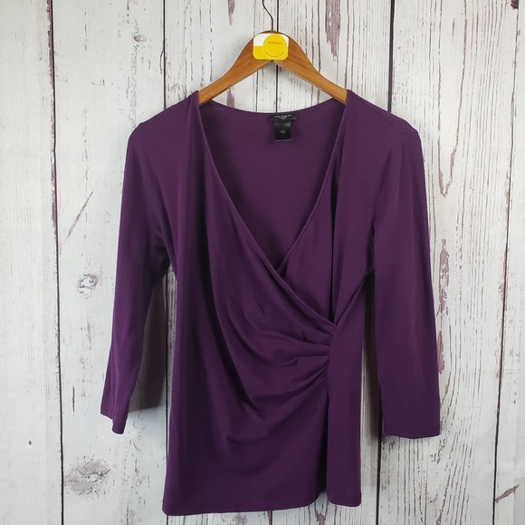 Ann Taylor Tops - Ann Taylor Ruched Blouse Womens Size Small V Neck Long Sleeve Stretch Purple
